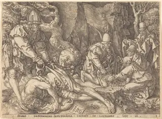 Traveler among Thieves, by Heinrich Aldegrever, ink, 1554