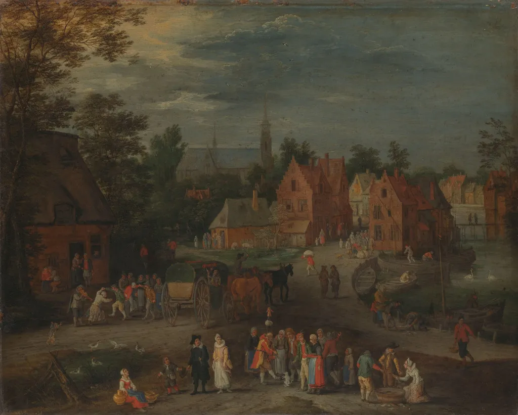 Village with a Puppeteer Entertaining a Small Crowd, by Peeter Gijsels, unspecified, 1650