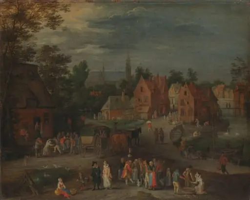 Village with a Puppeteer Entertaining a Small Crowd, by Peeter Gijsels, unspecified, 1650