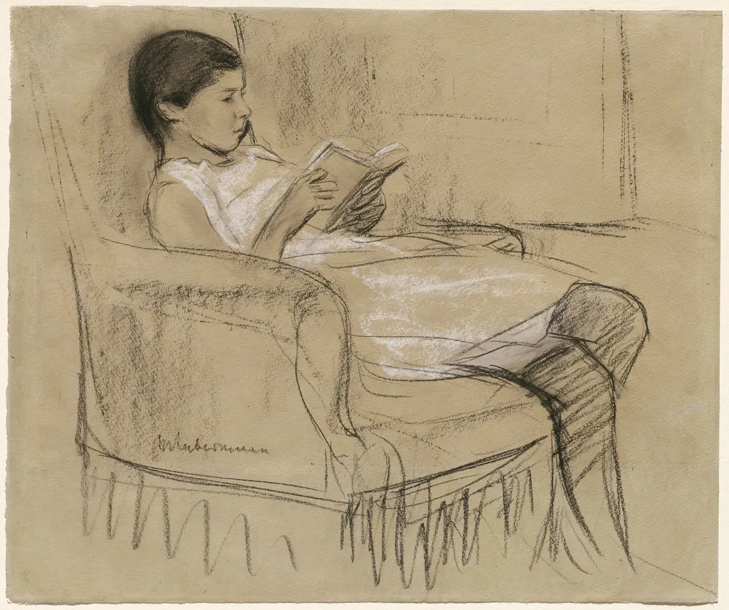 The Artist's Daughter Käthe Reading in a Chair, by Max Liebermann, chalk, 1894