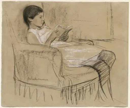 The Artist's Daughter Käthe Reading in a Chair, by Max Liebermann, chalk, 1894