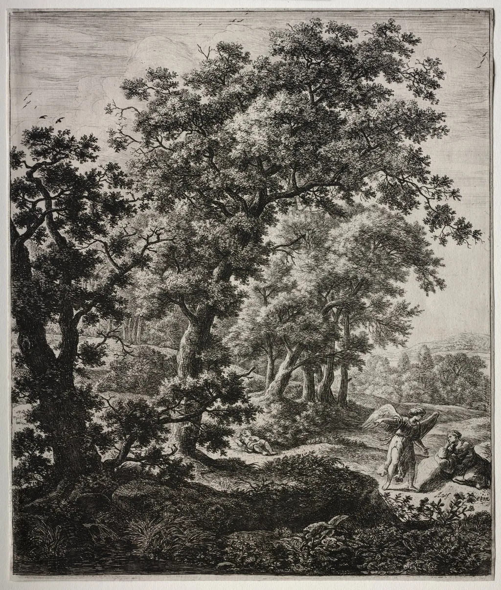 Six large upright landscapes with scenes from the Old Testament: Hagar Comforted by the Angel, by Antonie Waterloo, 1665