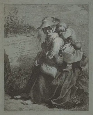 Seated Peasant Woman with Sleeping Child, by Francesco Londonio, ink, 1758