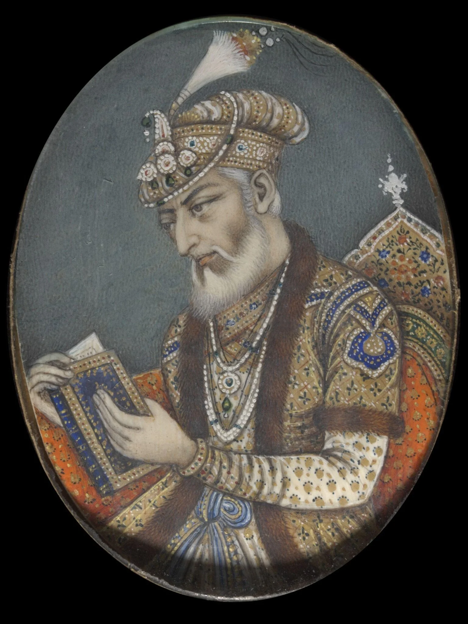 Four miscellaneous miniatures of Mughal emperors and an unidentified ruler., detail