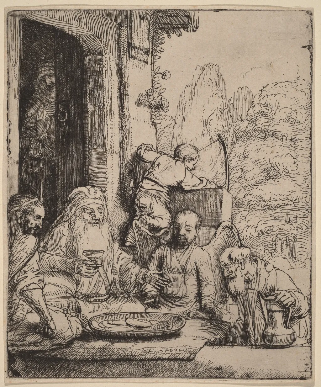 Abraham Entertaining the Angels, by Rembrandt van Rijn, ink, 1656