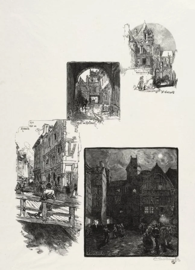 Rouen Illustré: Rue des Charretes; Rue de Halage; Rue Eau de Robec; Place des Arts, detail