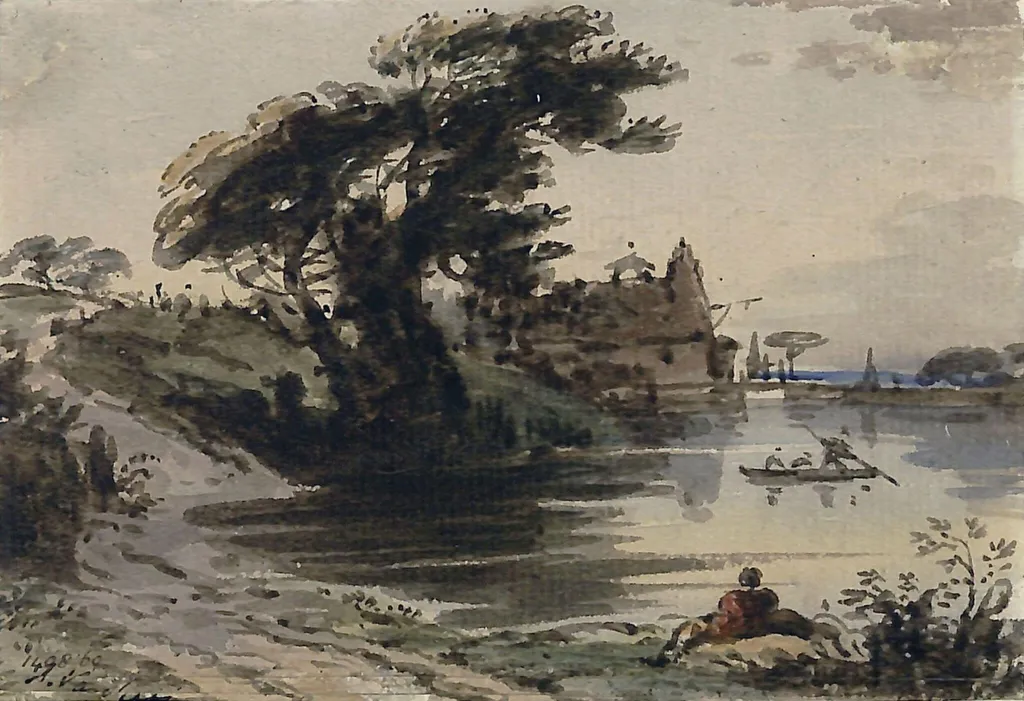 Landscape with pond and trees, by John Varley, watercolor, 1800