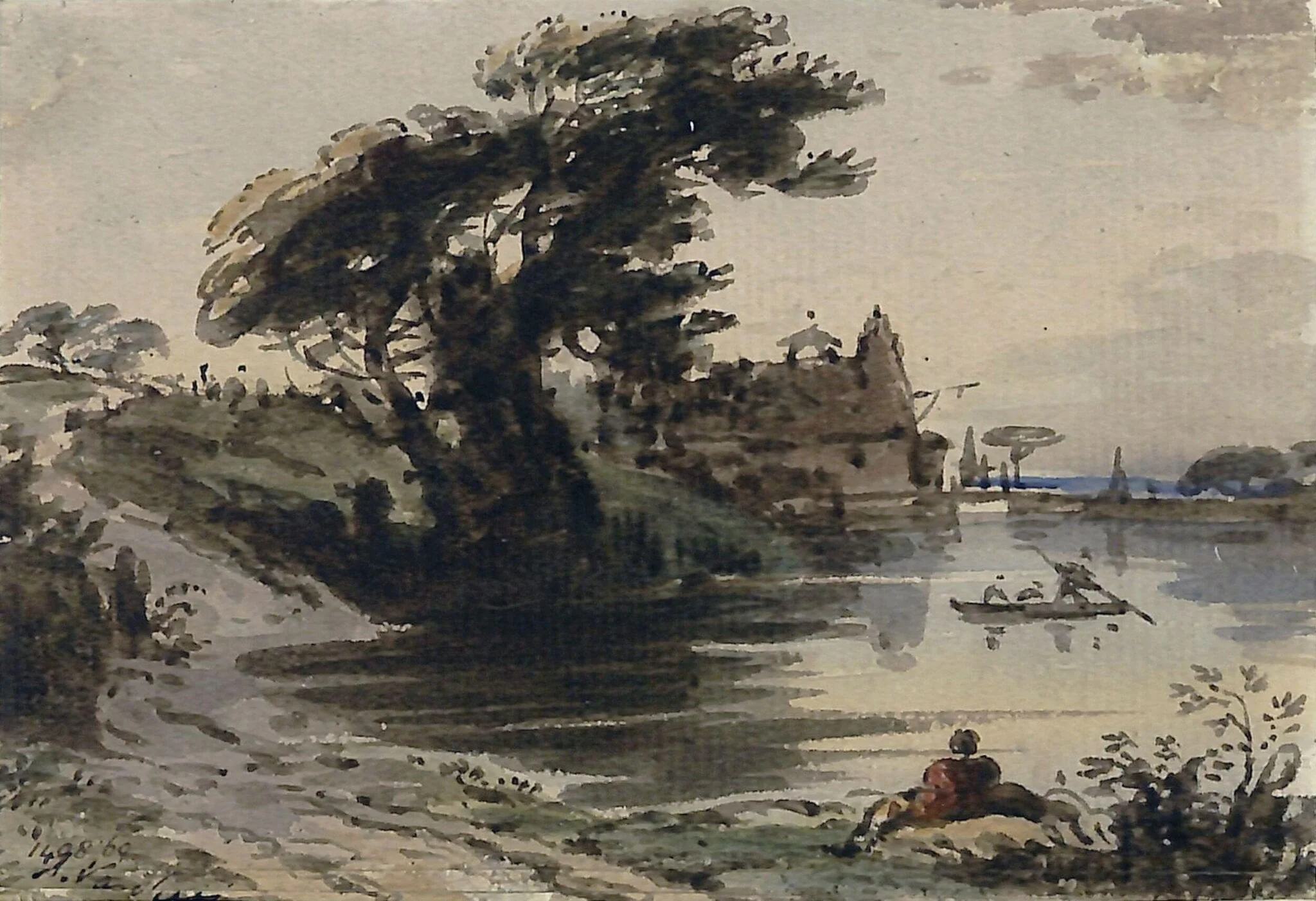Landscape with pond and trees, detail