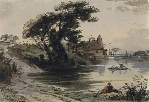 Landscape with pond and trees, by John Varley, watercolor, 1800
