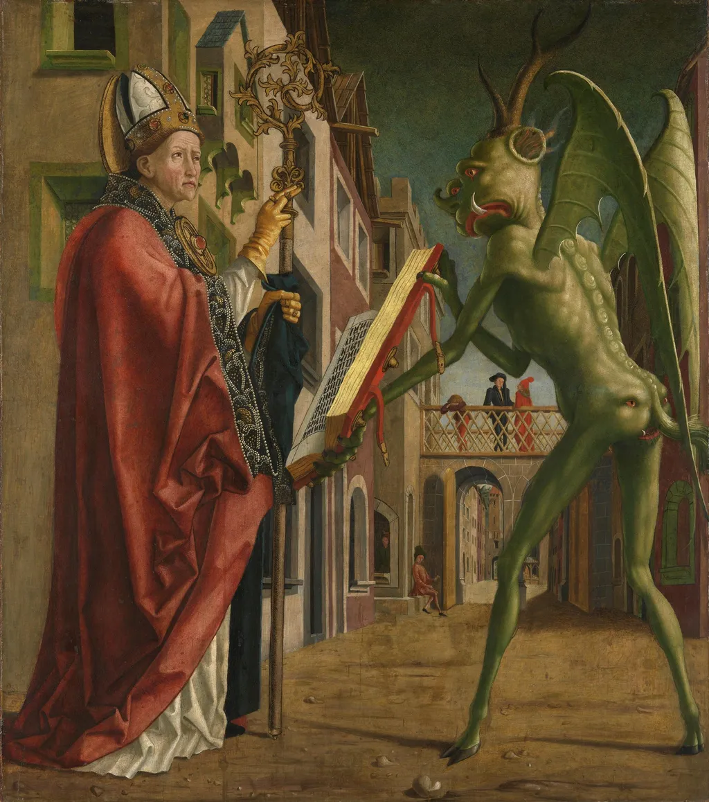 Kirchenväteraltar, Flügelaußenseite: Der Teufel weist dem hl. Augustinus das Buch der Laster vor, by Michael Pacher, oil, 1471