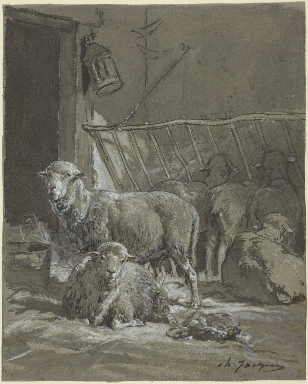 Sheep in a Manger, by Charles Émile Jacque, chalk, 1854