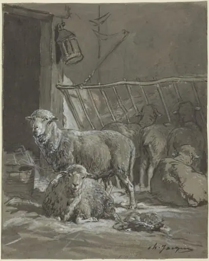 Sheep in a Manger, by Charles Émile Jacque, chalk, 1854