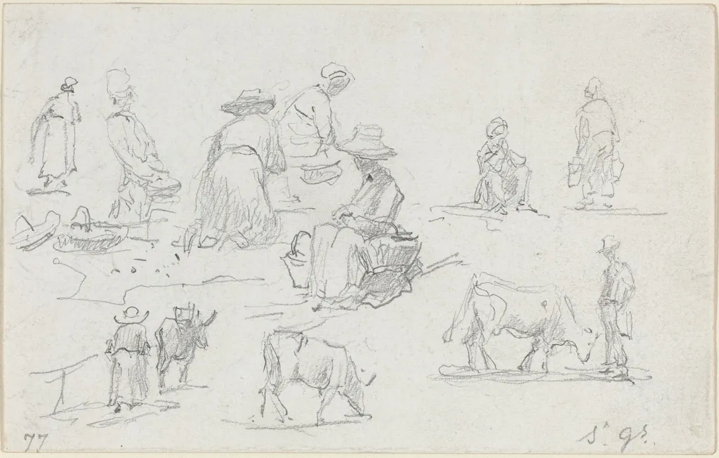 Peasants and Cows [recto], by Eugène Louis Boudin, graphite, 1877