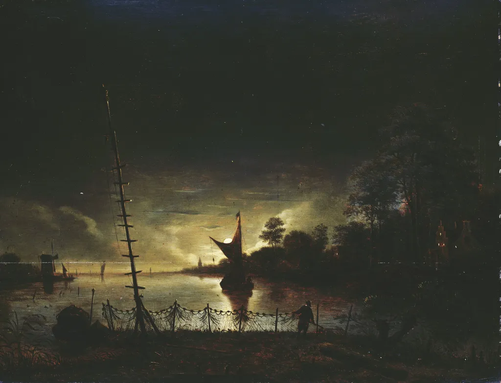 Moonlit landscape, by Anthonie van Borssom, oil, 1650