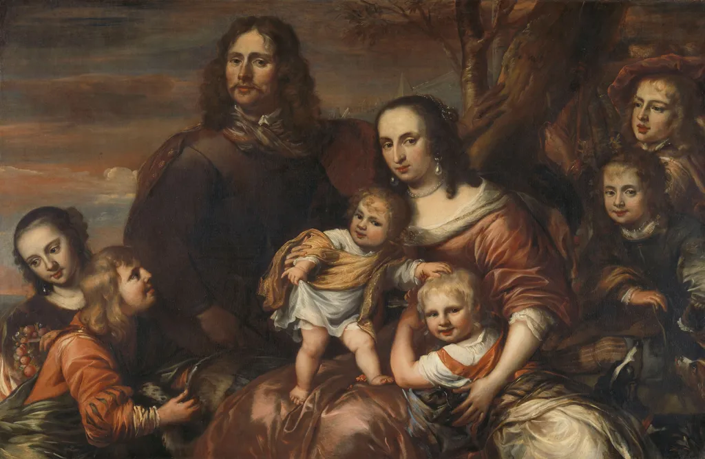 A couple with six children, by Jürgen Ovens, oil, 1650