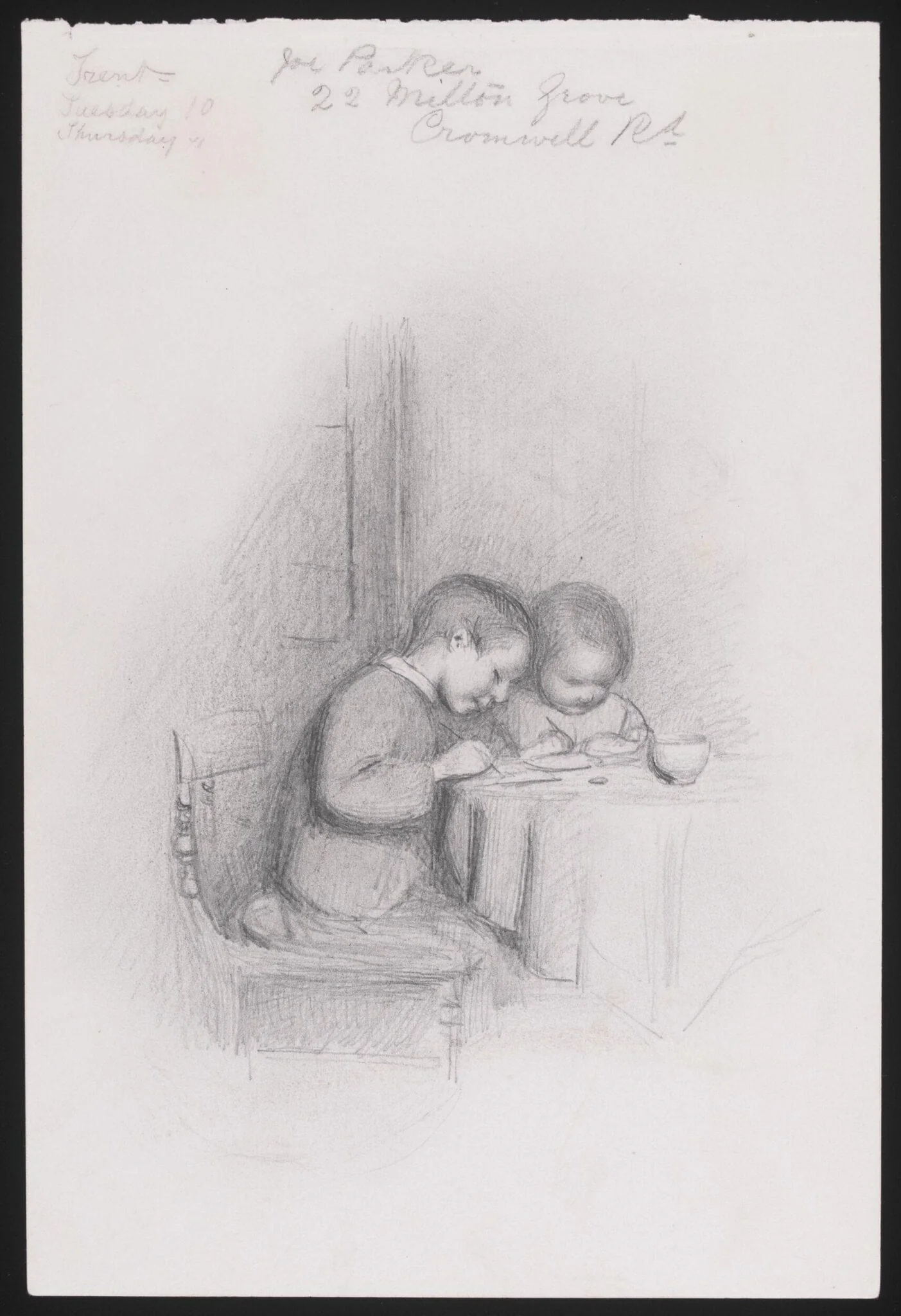 Two children seated at a table, detail