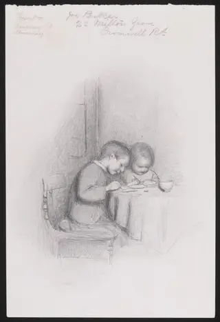 Two children seated at a table, by Joseph Clark, 1850