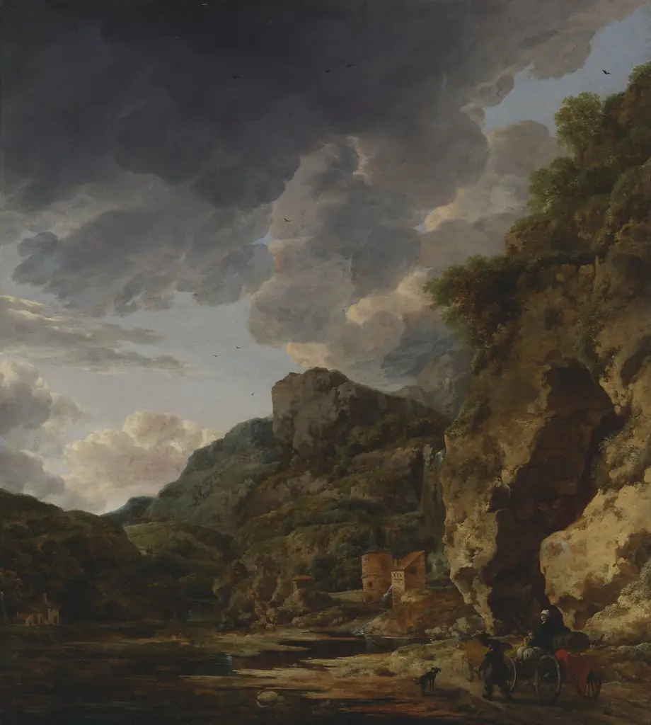 Mountain Landscape with River and Wagon, by Herman Naiwinx, oil, 1650