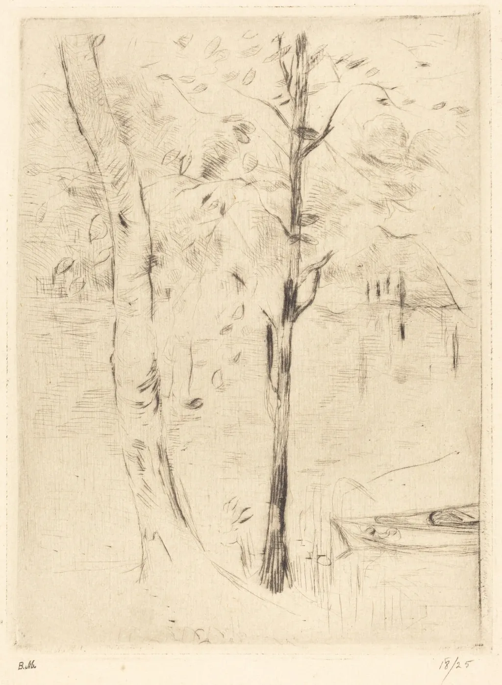 Lake with Rowboat, by Berthe Morisot, ink, 1888