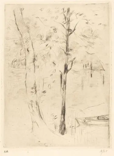 Lake with Rowboat, by Berthe Morisot, ink, 1888
