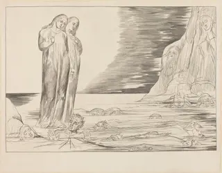 The Circle of the Traitors; Dante's Foot Striking Bocca degli Abbate, by William Blake, ink, 1827