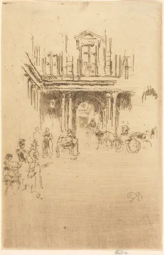 A Corner of the Palais Royal, by James McNeill Whistler, ink, 1884