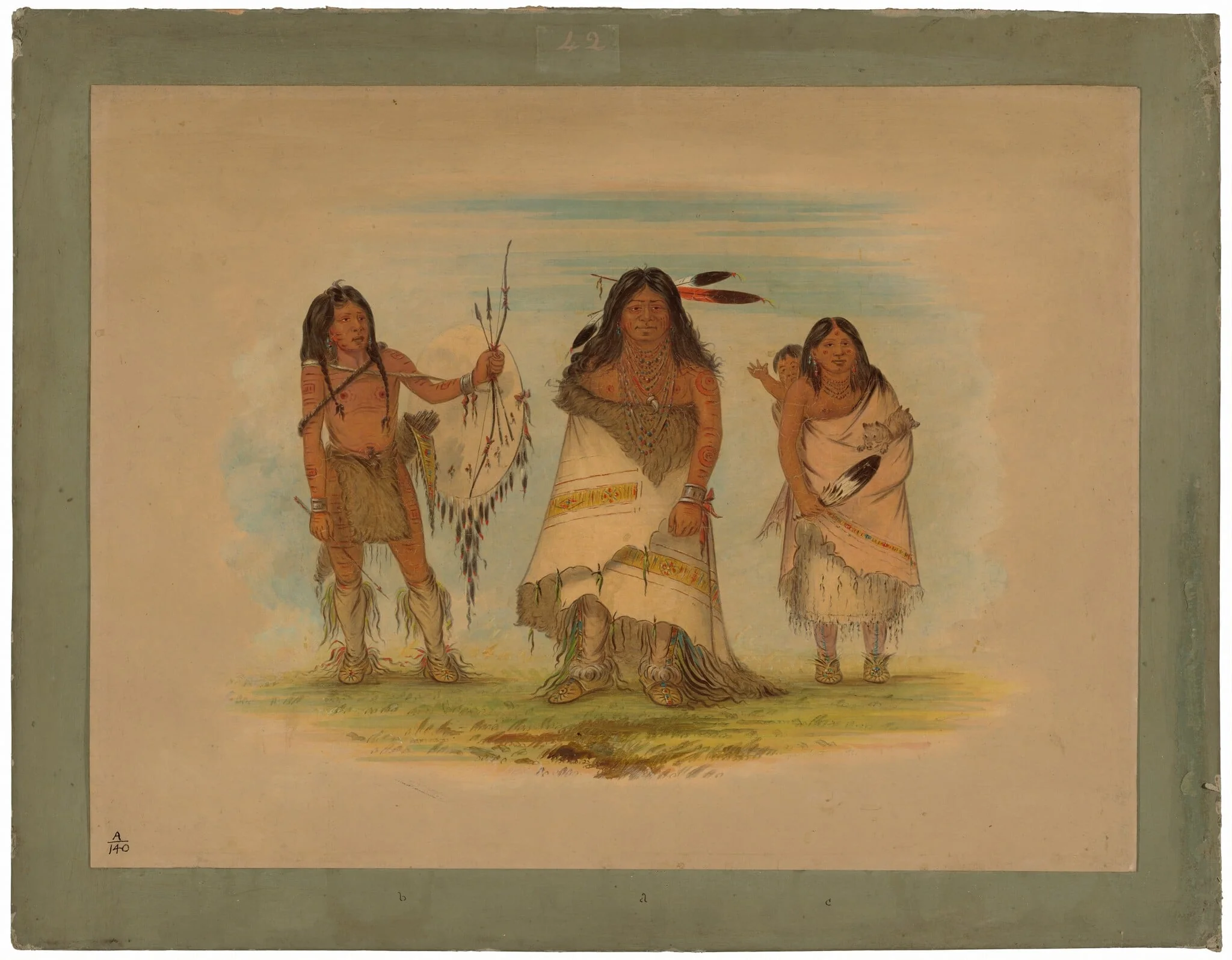 Camanchee Chief, His Wife, and a Warrior, detail