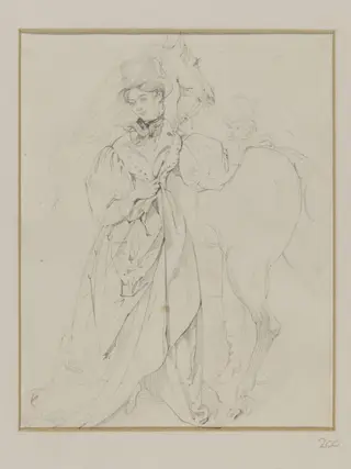 Study of a woman standing beside a horse, by Daniel Maclise, 1825