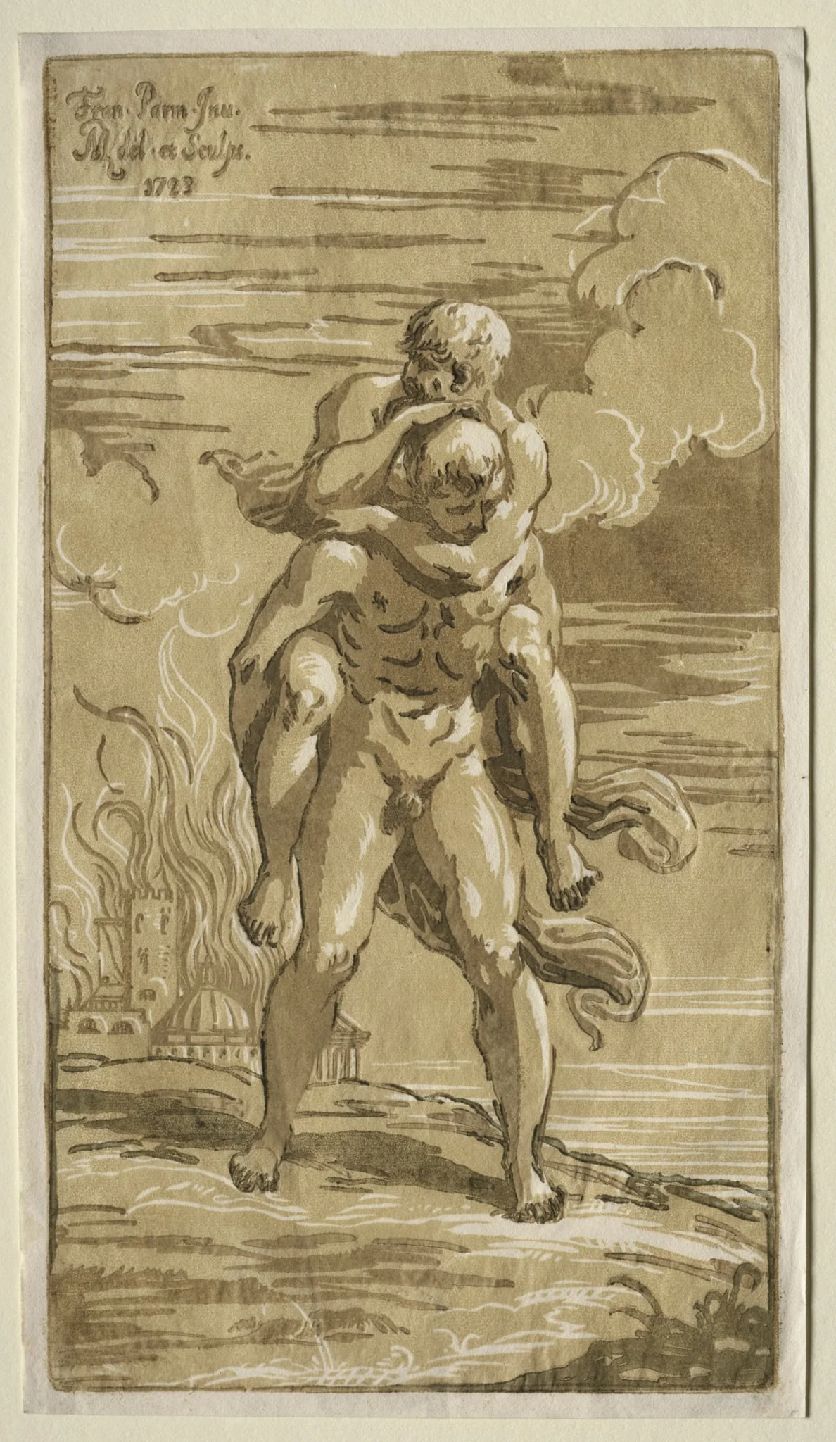 Eneas Carrying Anchises, his Father, from the Burning of Troy, detail