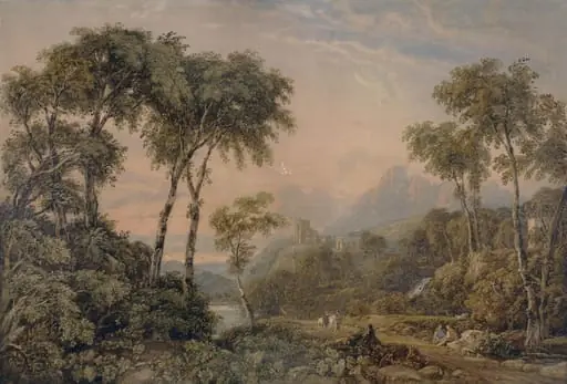 Landscape with Ruined Temple: Sunrise, by Francis Oliver Finch, watercolor, 1825