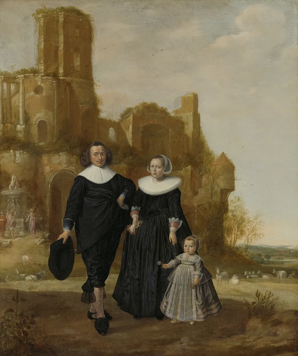 Portrait of a couple with their child in a landscape, by Herman Doncker, oil, 1650