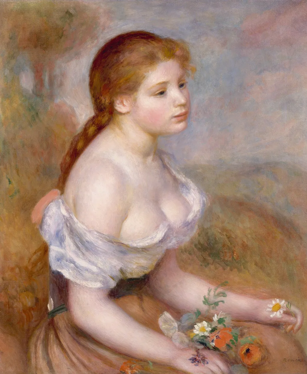 A Young Girl with Daisies, by Pierre-Auguste Renoir, oil, 1895