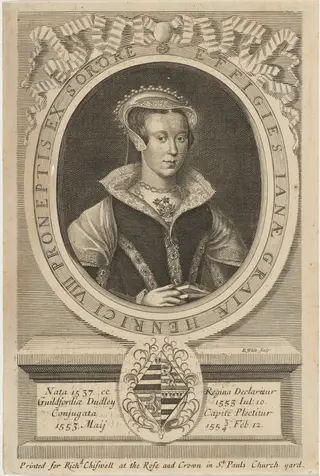 Lady Jane Grey, by Robert White, ink, 1681