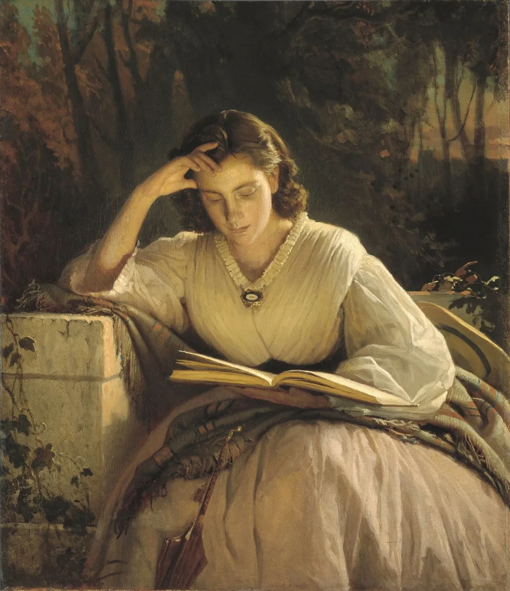 Woman Reading. Portrait of Sofia Kramskaya, by Ivan Kramskoi, oil, 1860