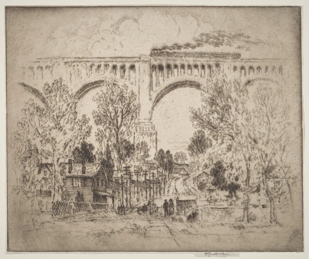 The Viaduct, D., L. & W. at Nicholson, Pa., by Joseph Pennell, ink, 1919