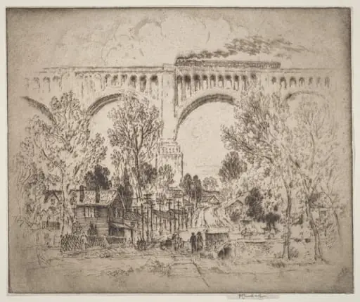 The Viaduct, D., L. & W. at Nicholson, Pa., by Joseph Pennell, ink, 1919