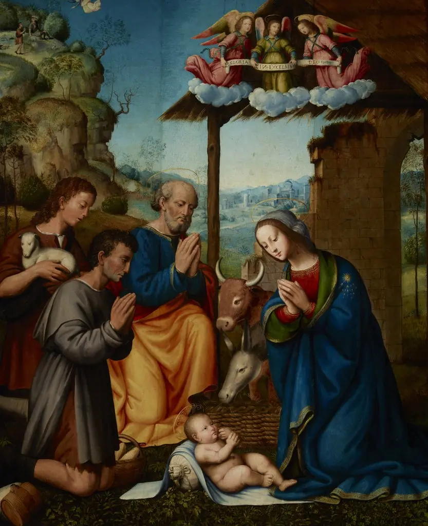 Adoration of the Shepherds (Adoration of the Child by Mary, St Joseph and Shepherds), by Tommaso Lunetti, oil, 1520