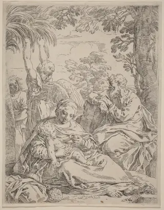 The Rest on the Flight into Egypt, by Simone Cantarini, ink, 1630