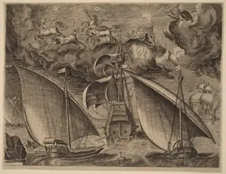 Two Galleys behind an Armed Three-Master with Phaethon and Jupiter in the Sky, by Cornelis Cort, ink, 1565