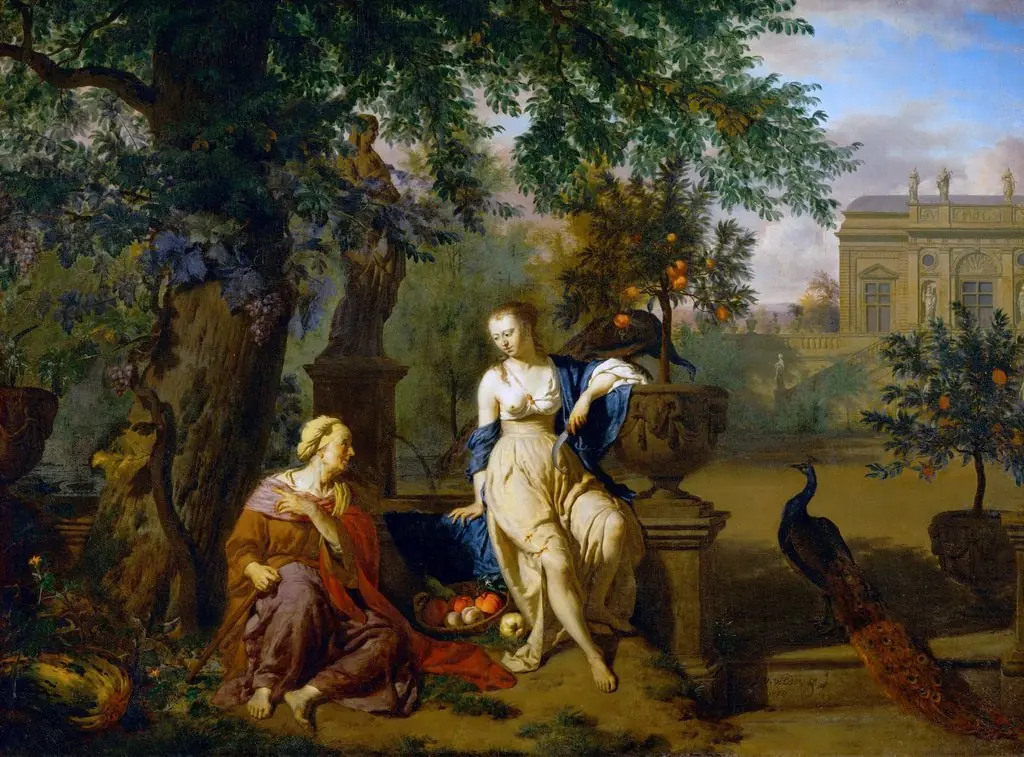 Vertumnus and Pomona, by Adriaen van de Velde, oil, 1670
