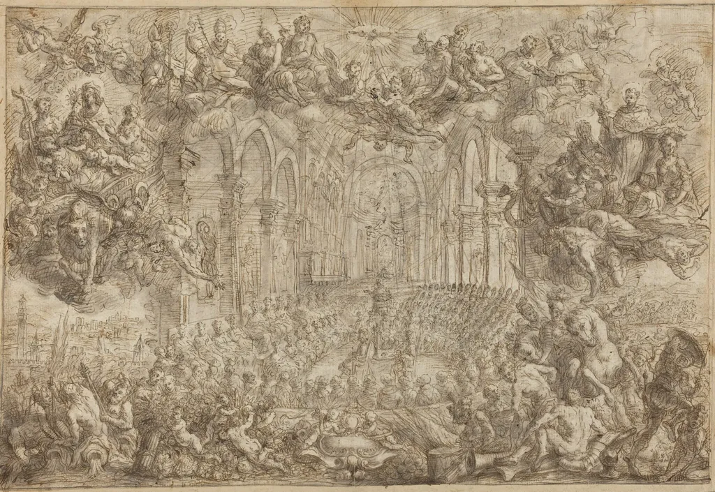 The Council of Trent with Saint Thomas Vanquishing the Heretics, by Biagio Falcieri, ink, 1680