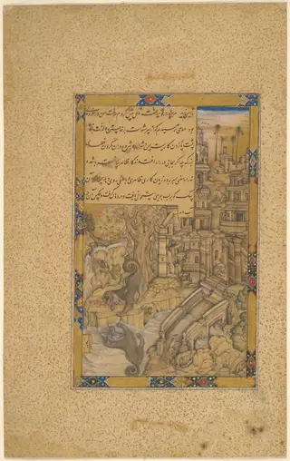 The Greedy Dog, from a lost manuscript based on the Anwar-i Suhayli or the Iyar-i Danish, by Farrukh Chela, unspecified, 1594
