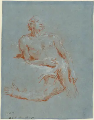 Male Nude Leaning on His Elbow (verso), by Giovanni Battista Tiepolo, chalk, 1752