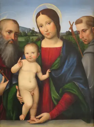 Madonna and Child with Saints Jerome and Francis, by Francesco Francia, oil, 1500
