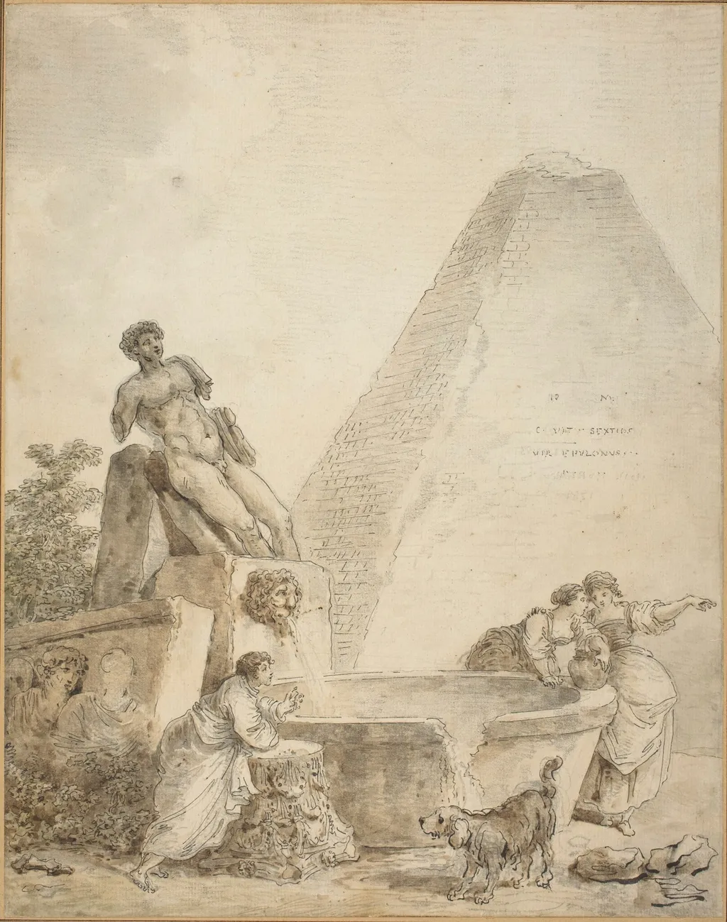 A Roman Capriccio with the Pyramid of Gaius Cestius, by Hubert Robert, ink, 1781
