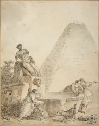 A Roman Capriccio with the Pyramid of Gaius Cestius, by Hubert Robert, ink, 1781