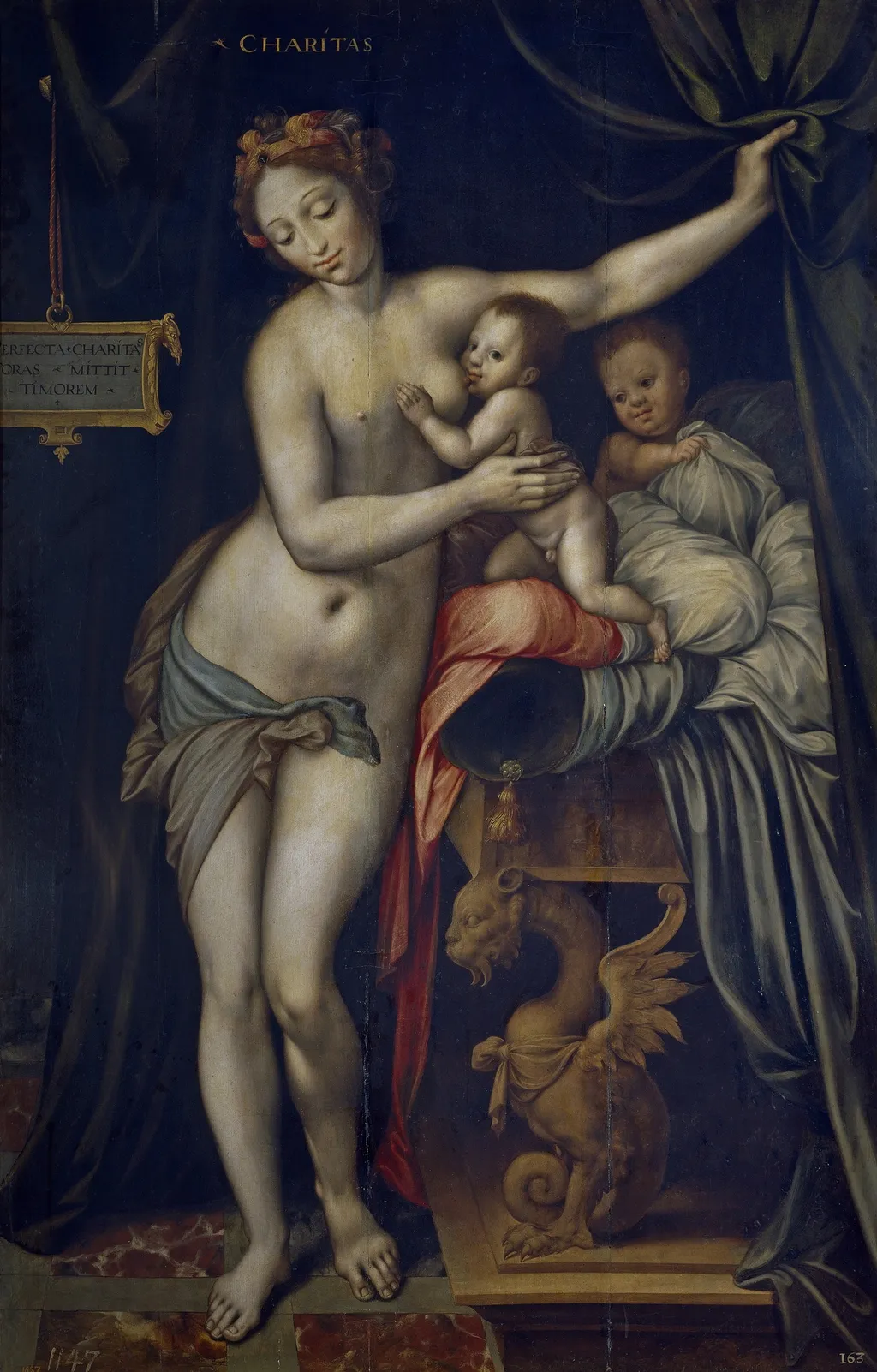 Charity, by Vincent Sellaer, oil, 1550