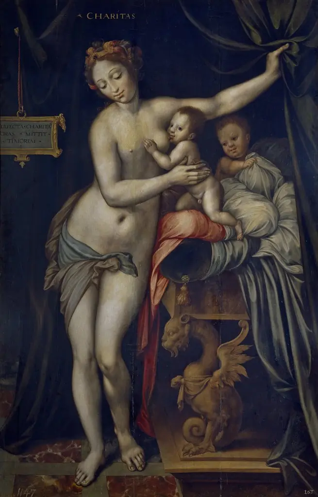 Charity, by Vincent Sellaer, oil, 1550