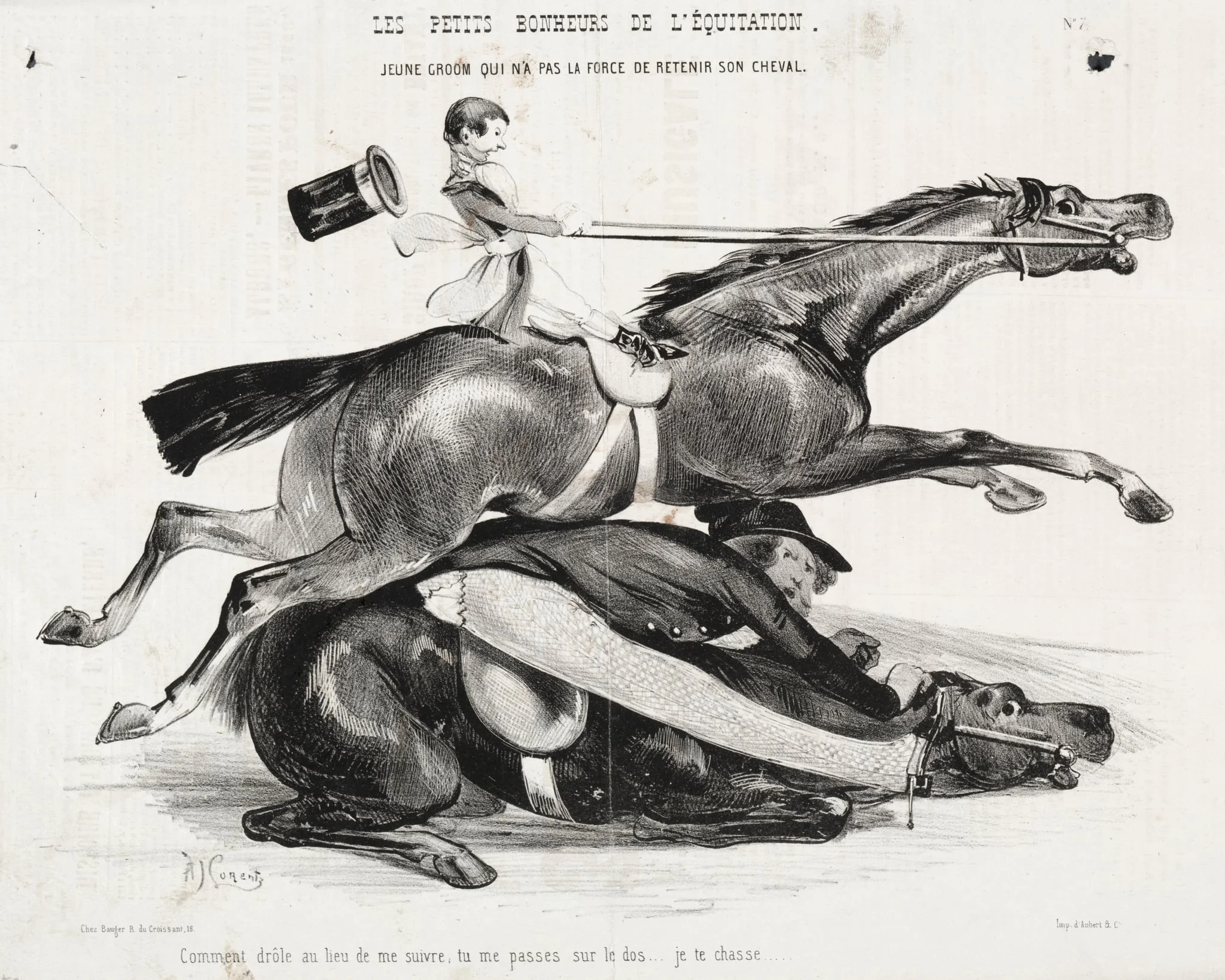 Les petits bonheurs de l'équitation: Jeune Groom qui n'a pas la force de retenir son cheval, detail