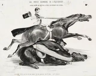 Les petits bonheurs de l'équitation:  Jeune Groom qui n'a pas la force de retenir son cheval, by Alade Joseph Lorentz, 1842